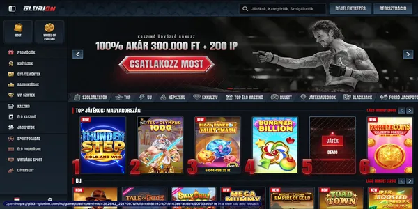 Glorion Casino mobil kezdőoldala